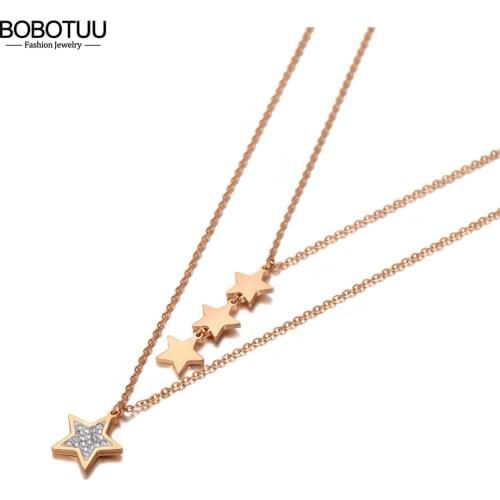 BOBOTUU Bohemia Double Layer CZ Crystal Star Charm Pendant Necklaces For Women Stainless Steel Summer Choker Necklace BN20163