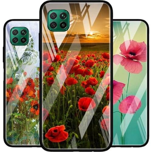 Red Poppies Flowers Painting Tempered Glass Cover For Huawei P40 P30 P20 P10 P Smart Z Pro Plus Lite 2020 2021 Phone Case