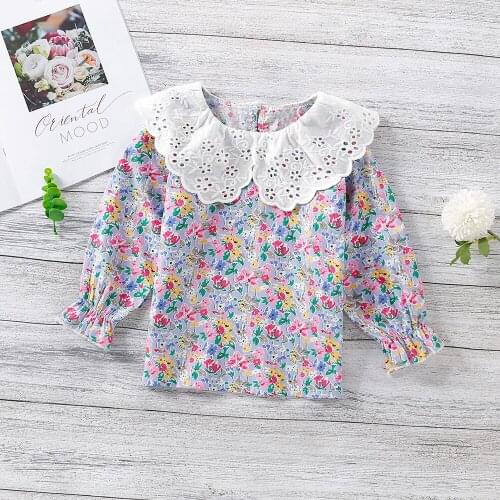 Childrens Girls Clothing 2021 Spring Summer Kids Girls Blouses Fresh Floral Foll Collar Embroidery Girls Shirts Hollow Top Tees