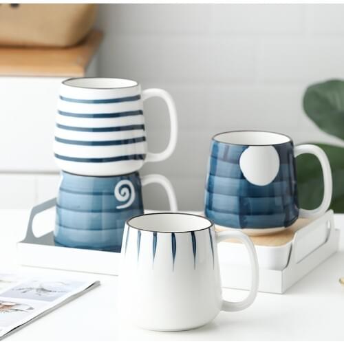 TECHOME Classic Style Home Office Ceramic Mug Big Capacity 500ml Water Cup White Cyan Blue Printing Cup Milk Mug Coffee Cup Mugs