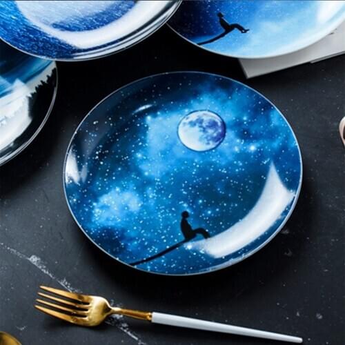 Ceramic Starry Pattern Tray Kitchen Living Room Round Western Food Snack Tray High Quality Home Desktop Decorative Plate