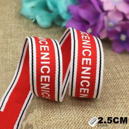 2.5CM 1 Meter Black White edge bottom red printed "NICE" English Letter Grosgrain ribbon DIY Sewing Clothing fabric decoration