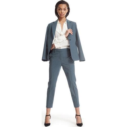 Winter work wear women pant suit slim fit elegant formal dark lake blue long sleeve blazer with trousers office ladies suits