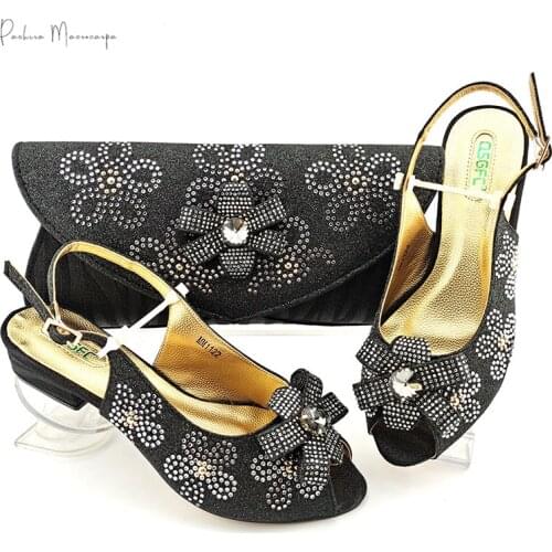 New Arrival Italian Design Flower Style Rhinestone Decoration Women Shoes and Bag Set in Black Color for Party Wedding