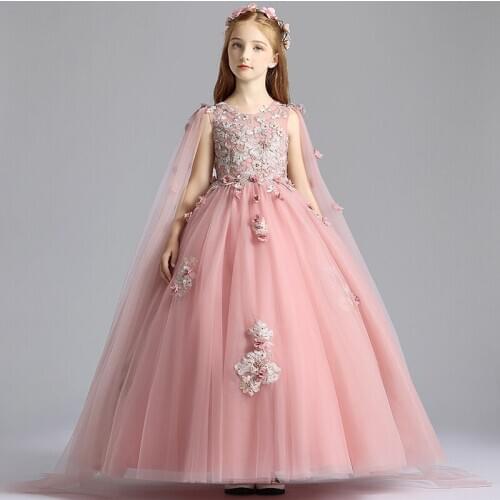 Flower Girl Dresses Appliques Crystal O-Neck Princess Sleeveless Floor-Length Lace Tulle Pearls Embroidery Kids Party Gown H155