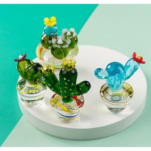 Handmade Glass Cactus Figurines Ornaments Desktop Craft Adornment Creative Colorful Cute Miniature Plant For Home Decor