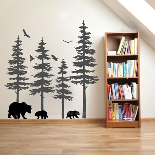 Spruce Pine Trees Bear Mom Cubs Birds Vinyl Wall Decal Sticker Kids Room Living Room Background Home Decor Art Murals LL2586