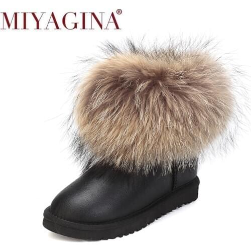 Women Boots Genuine Sheepskin Leather Real Fox Fur Brand Winter Shoes Warm Black Round Toe Casual Plus Size Female Snow Boots