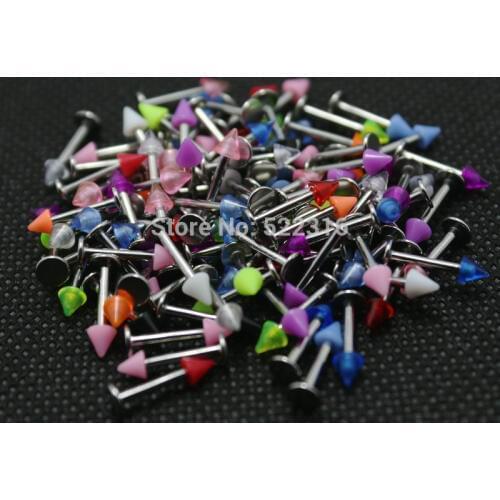 Labret lip rings mix colors 100pcs body piercing jewelry stainless steel barbell acrylic 3mm cone spike wholesale jewelry