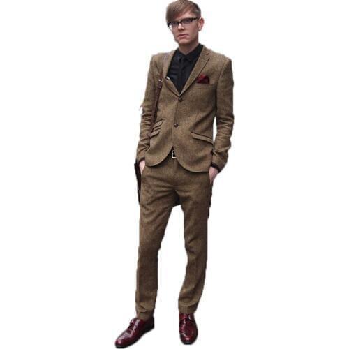 2020 Brown Tweed Men Suits For Wedding Custome Made Dinner Suits Business Suit Evening Dress Groom Wear Two Pieces(Jacket+Pants)