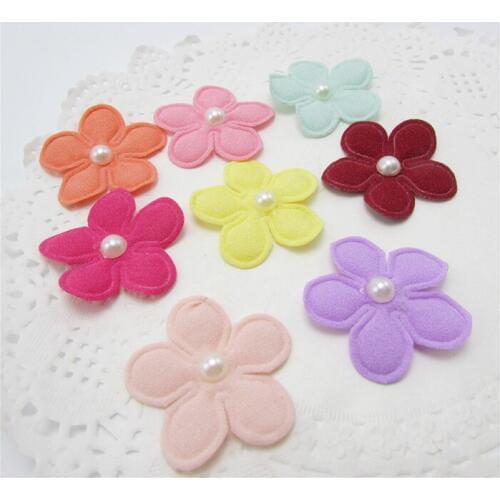 40PCS/lot 3.5cm flower felt padded applique with pearl Crafts for garment accessories and Girl Hair Jewelry Decoration