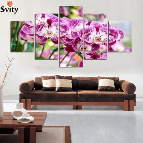 5 Piece Hot Modern Wall Painting Pink Orchid flower On Canvas painting for Living Room wall decor picture (FRAMELESS)A109
