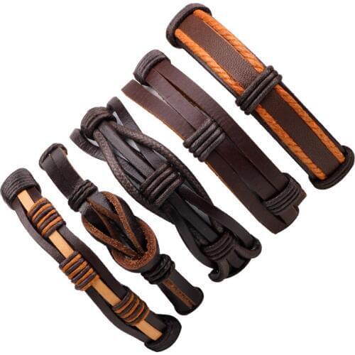 5pcs/set Boho Gypsy Hippie Punk Dark Brown Leather Wax Cord Rope Knot Pattern Layer Stacked Adjustable Bracelets Set for Man