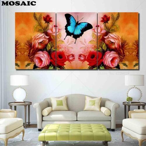 5D Diy Diamond Painting,Cross-stitch "Flowers Butterfly" 3D Diamond Mosaic Full square Rhinestones Paintings Embroidery 3 pcs