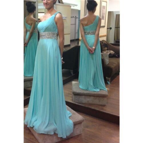Top Quality Turquoise One-Shoulder Prom Dresses Long 2019 Beaded Crystals Sashes Floor Length Chiffon Bridesmaid Dress Kaftan