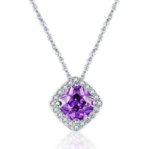 Noble Real 925 Sterling Silver Necklaces Purple Crystal Zircon Square Pendant Necklaces Chain For Women Girl Jewelry Dress Up