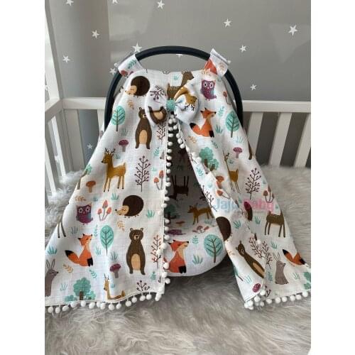 Jaju Baby Handmade, Forest Muslin Fabric Patterned Pompom Stroller Cover and Sheet, Stroller Cover, Stroller, Stroller Sheet