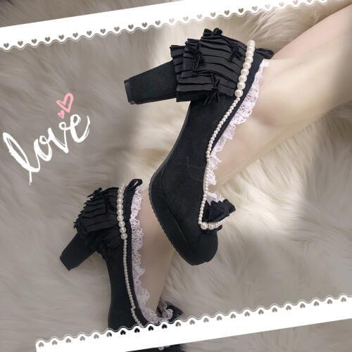 French girls elegant womens shoes shallow mouth high heel 9cm lace pearl gothic sweet lolita shoes kawaii girl tea party
