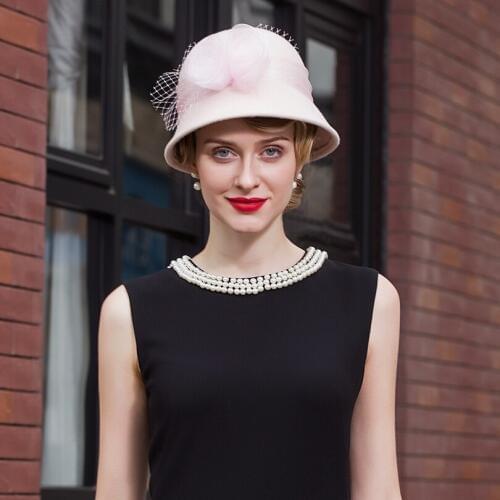 Wool Church Felt Hat Women Vintage Fedoras Woolen Cap Autumn Winter Derby Fashion Handmade Beads Hat B-7442
