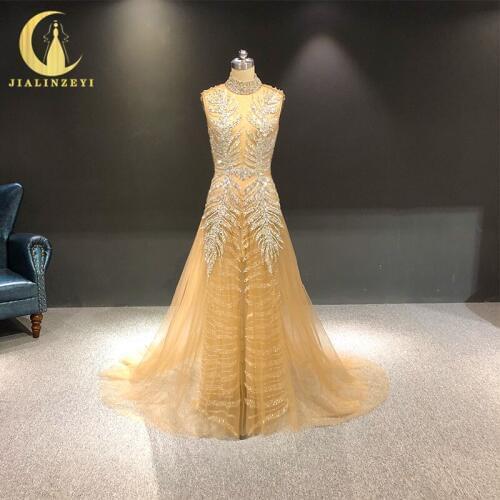JIALINZEYI Real Sample High neck Crystal Open back sexy Dress for Party Evening Dresses