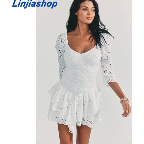 Summer Autumn Long Sleeve Elegant Embroidery Mini Dress Women Long Sleeve Cotton Smocked Bodice Sexy Woman Dress