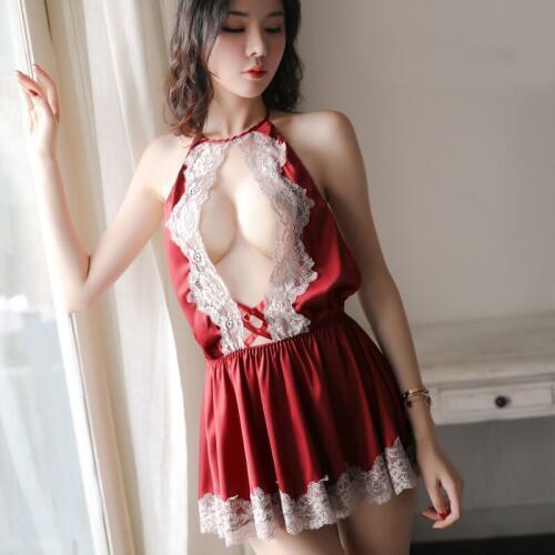 Fashion Sexy Underwear WomenS Sexy Frenulum Hollow Out Lace Short Skirt Allure Deep V Open Back Suspender Nightdress