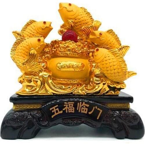 FIVE CARP ATTRACT LUCK FENG SHUI RESIN GOLD CORNUCOPIA HANDICRAFT HOME DECOR FISH STATUE DECORATION MAISON LIVING ROOM HOTEL
