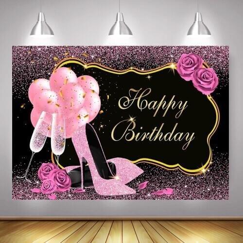Pink Glitter Happy Birthday Backdrop Photography Adult Floral Birthday Party Background Decor Shiny Dots High Heels Balloons