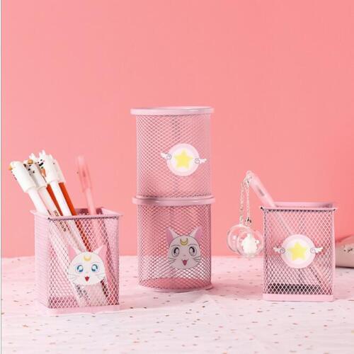 Pink Pretty Metal Pen Holder Pencil Container Desk Storage Box Cover For Girls Birthday Gift For Kids School Office Stationery