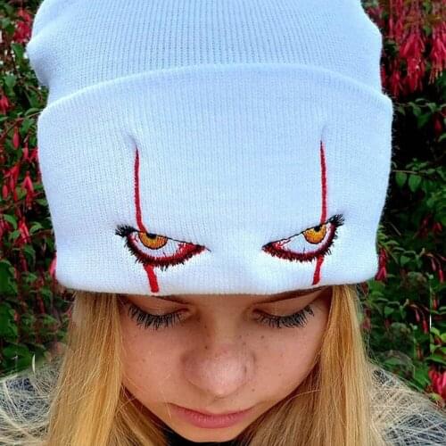 Funny Embroidered Beanies Hat Scary Clown Eyes Knitted Hat Warm Hedging Hip-hop Hat Wool Halloween Hat Beanies Halloween Cosplay