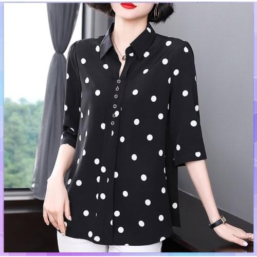 Polka Dot Chiffon Tee Shirt Oversize Womens Short Sleeve Ladies Shirts 2021 Summer Plus Size Top Female Button-Down Tops Women
