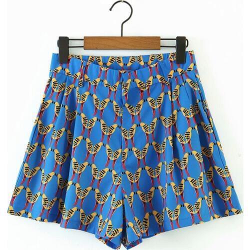 Summer women beach style elastic high waist zipper shorts 2020 fashion holiday style wild bird print blue short pants femme