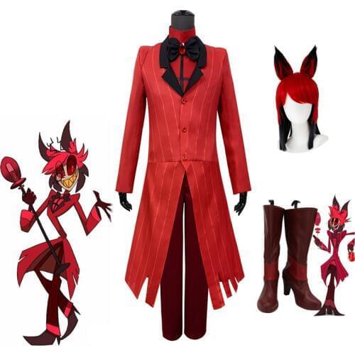 Harzbin Cosplay Hotel ALASTOR Uniform Cosplay Costume Adult Men Halloween Carnival Christmas Costume Wig Shoes Red Set