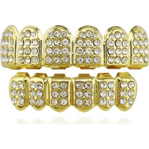 Hip Hop Teeth Grillz for Unisex Top Bottom Mouth Gold Silver Color Dental Teeth Grills Rhinestone Tooth Caps Rock Body Jewelry