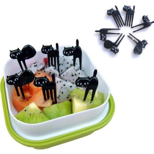 6pcs/set Black Cat Fruit Fork Mini Cartoon Snack Cake Dessert Food Forks Bento Lunches Accessories Kitchen Utensils For Children
