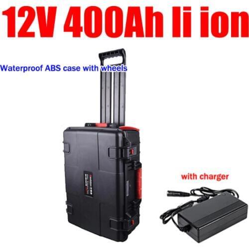 Waterproof 12V 400AH lithium ion batteryli ion with BMS wheel trolley case for Solar inverter caravan boat UPS + 20A Charger