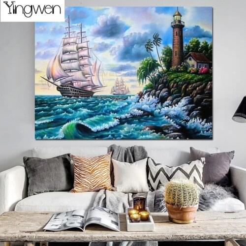 Needlework Diamond Painting Full Display Ship Diamond Embroidery Rhinestone Mosaic Picture By Numbers Hobby Lighthouse Landscape