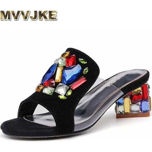 MVVJKE Leather thick heel sandals womens new style womens slippers fish mouth diamond sandals fashion womens shoes