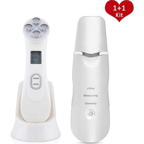 1 Set Ultrasonic Face Cleaning Skin Scrubber Facial Cleansing Peeling Machine Pore Cleaner+RF EMS LED Anti Aging Facial Massager