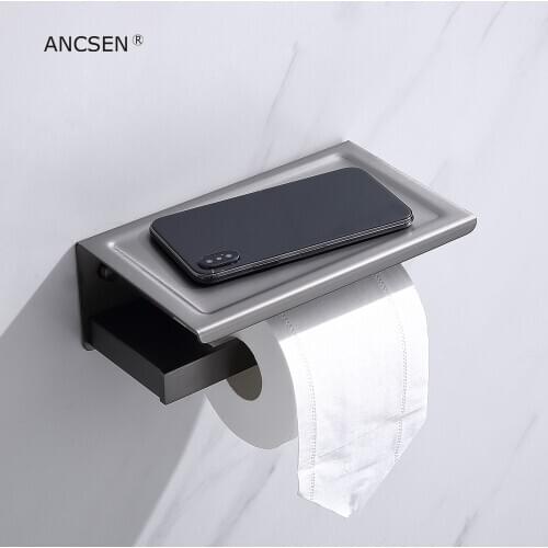 304 Stainless Steel Toilet Paper Holder with Phone Shelf Bathroom Tissue Holder Toilet Paper Roll Holder Gun-Grey Accessoy Shelf