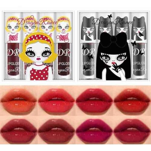 4pcs/Set Of Cute Lip Dye Liquid Set Box Mirror Water Gloss Glass Lip Lipstick Berry Color Female Lip Gloss Lip Glaze Dark Girl