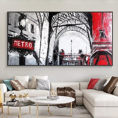 Abstract 100% Hand Painted Iron Tower Red Letter Metro Oil Painting On Canvas Thick Knife Painting Wall Art For Home Decoration