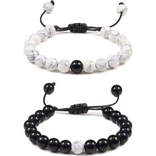 8MM Couples Distance Bracelet Classic Natural Stone White and Black Yin Yang Beaded Bracelets for Men Women Best Friend Hot