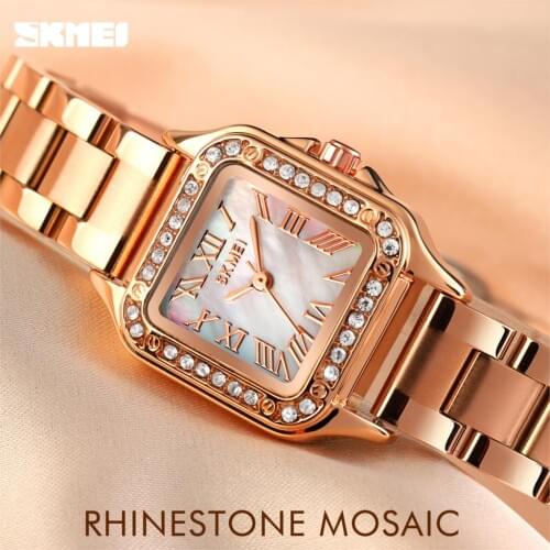 New arrival stainless steel women quartz watches skmei top luxury analog quartz clock with diamond fashion ladies reloj mujer