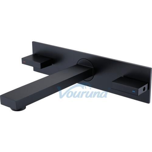 Vouruna Black Wall Mounted Bathroom Faucet Square Style in-wall Basin Mixer Faucet Tap with Plate