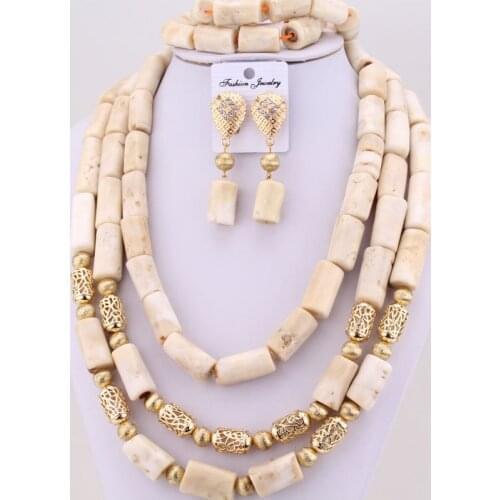 Dudo Bridal Coral Beads 3 Layers Necklace Set African Jewelry Set Nigerian Wedding Costume