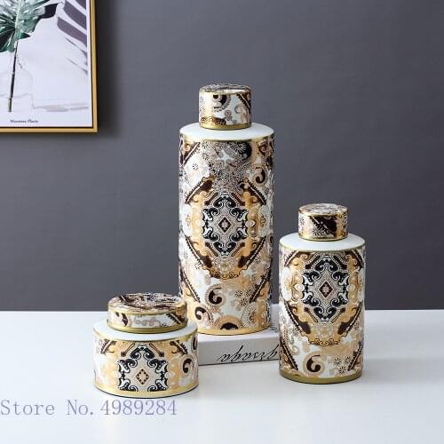 Ceramic Decorative Jar Storage Sealed Tank with Cover Golden Pattern Flower Vase Flower Arrangement Accessories Home Decoration