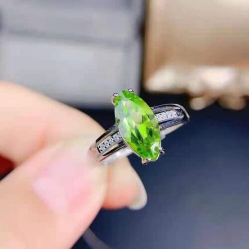 Natural Olivine S925 Pure Silver Oval Gemstone Ring Fine Fashion Wedding Jewelry for Women Free Shipping MeiBaPJFS