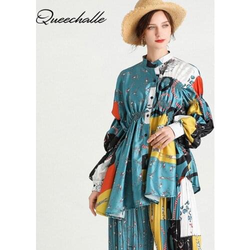 Two Piece Set Women Oversize Suits Female Elegant Print Loose Blouse and Trousers for Women Wode Leg Pants Vetement Femme 2021