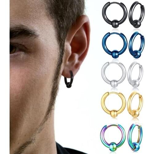 Men Circle Hoop Earrings With Bead Black Earring Cartilage Jewelry For Men Women Street Style